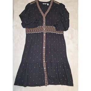 Canyon Retreat Boho Embroidered Midi Dress XL Black Orange Geometric Festival